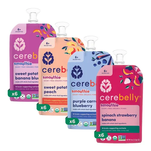 Miniatura 10 de Cerebelly Bolsas de comida orgánica para bebés, batidos de zanahoria morada y arándanos sin lácteos, 16 nutrientes, sin azúcar añadido, fibra y sin