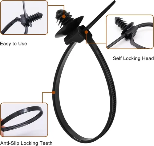 Miniatura 3 de 30 bridas de nailon para montaje a presión, ataduras de cables resistentes color negro con pasador de presión, cremalleras de abeto, diseño
