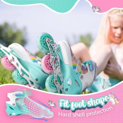 Miniatura 5 de SULIFEEL Patines en línea de unicornio arcoíris para niñas y niños, 4 tamaños, ajustables, con ruedas iluminadas, para niños principiantes Un arco