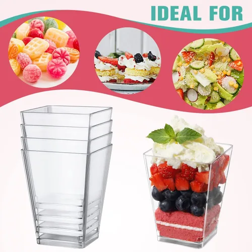Miniatura 3 de Vasos de postre de plástico de 5 onzas con cucharas, paquete de 50 unidades, mini tazas de postre cuadradas transparentes para aperitivos, tazas