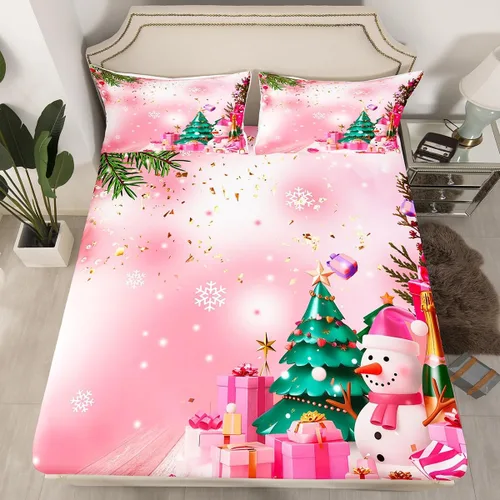Miniatura 19 de Juego de sábanas con diseño de Papá Noel y muñeco de nieve para niños, niñas y niños, de temática navideña, juego de cama con diseño de árbol