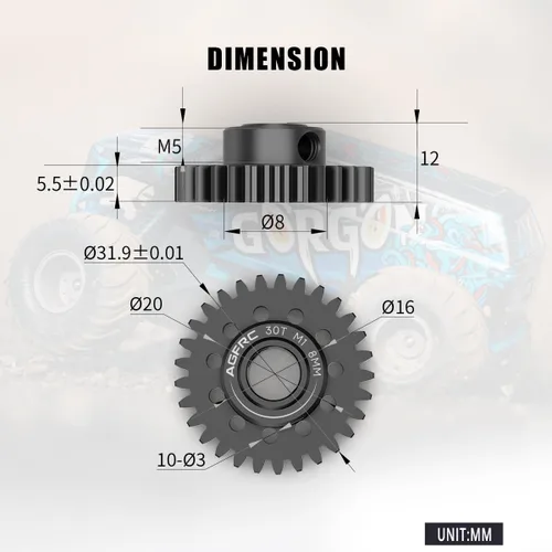 Miniatura 2 de AGFRC Engranaje de motor de piñón de acero endurecido 8MM MOD1 30T RC para carreras de alta velocidad y aplicaciones de carreras de arrastre Parte