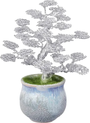 Miniatura 9 de rockcloud Escultura de árbol de dinero de alambre de aluminio con base de cerámica, bonsái de Feng Shui, decoración de oficina en casa para suerte