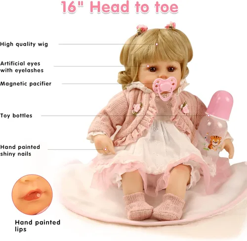 Miniatura 6 de Muñecas de bebé realistas realistas para niña, vinilo de silicona de 16 pulgadas, renacido, vida recién nacida como una niña pequeña en cuerpo suave