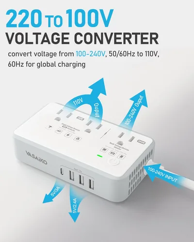 Miniatura 4 de Convertidor de voltaje de 220 V a 110 V de EE. UU. a Europa, convertidor de voltaje de 2000 W para viajes europeos con 3 puertos AC 2 USB-C 2 USB-A