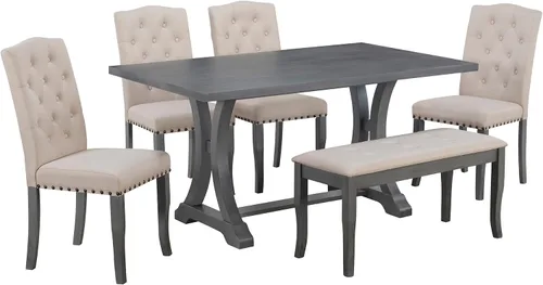 Miniatura 9 de Merax Juego de mesa de comedor de cocina de 6 piezas, juego de mesa de comedor de granja con mesa rectangular y 4 sillas tapizadas y banco, juego