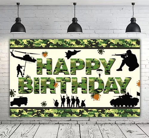 Miniatura 3 de Cartel de feliz cumpleaños de camuflaje de 6 x 3.6 pies, telón de fondo de cumpleaños de camuflaje militar, decoraciones de fiesta temática de Perro