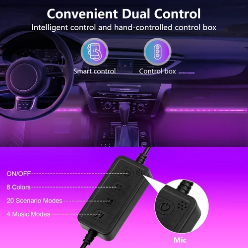Miniatura 6 de Luces LED interiores para automóvil con control inteligente de aplicación, sincronización de música, modo DIY, kits de luces LED interiores