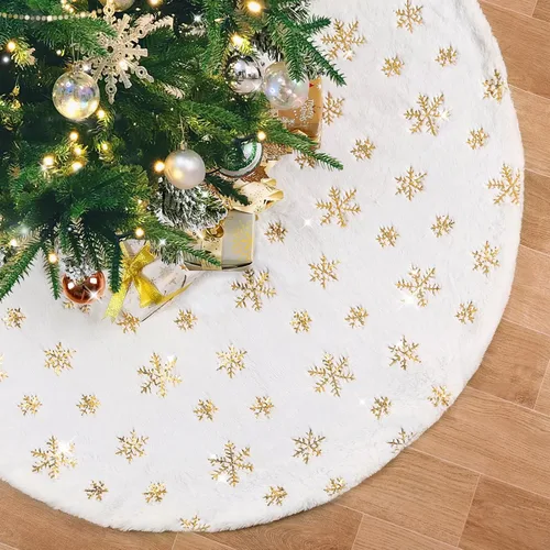 Miniatura 8 de Falda de árbol pequeña de 24 pulgadas, falda de árbol de piel sintética blanca de Navidad de 4 pies, mini copos de nieve de lentejuelas doradas