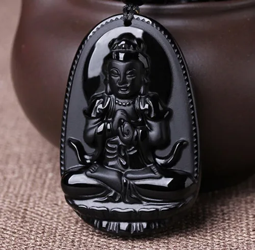 Miniatura 3 de Collar con dije de Buda. Collar con amuleto talismán Bodhisattva de Buda, de obsidiana., sin metal, 0580