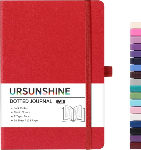 Miniatura 44 de Cuaderno punteado, diario, 5.3 x 8.26 pulgadas, tapa dura, prémium, papel grueso, doble espiral, bandas, cuero negro sintético, lazo para bolígrafo