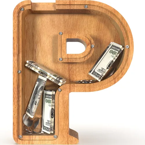 Miniatura 59 de Alcancía para niños y niñas, alcancía grande de madera personalizada con diseño recortado, bancos de monedas con letras del alfabeto, caja de ahorro