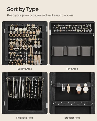 Miniatura 13 de SONGMICS Gabinete colgante de joyería, gabinete de pared con luces interiores LED, organizador de joyas montado en la puerta, espejo de cuerpo Blanco