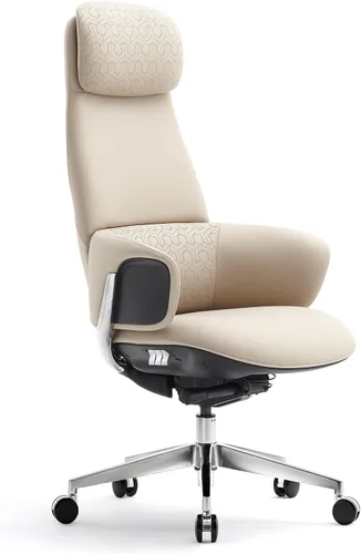 Miniatura 6 de Silla de oficina ejecutiva de cuero genuino con respaldo alto de aluminio con base giratoria ergonómica sincronizada, mecanismo reclinable de cuero