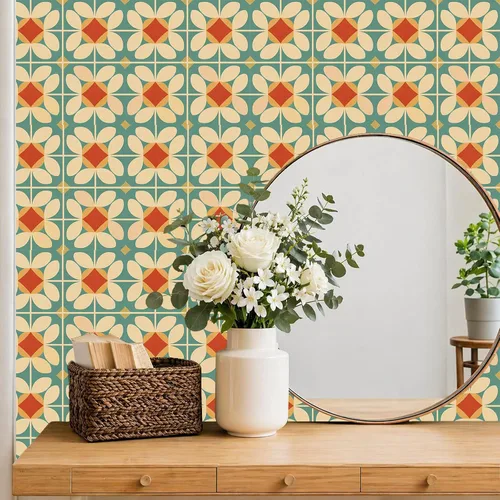 Miniatura 8 de IVN 10 PIEZAS 12x12 Pulgadas Azulejos de Piso con Patrón Floral Retro de Despegar y Pegar, Adhesivos Vinilo Desmontables y Autoadhesivos