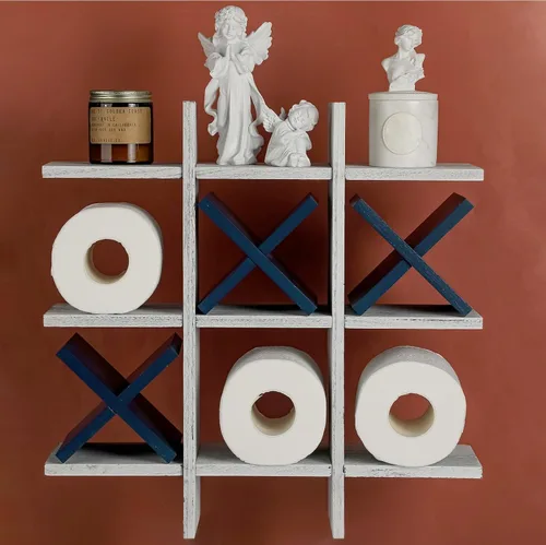 Miniatura 4 de Weysat Soporte de Papel Higiénico Tic Tac Toe Decoración de Pared de Baño Almacenamiento Colgante de Madera Rústica Estantes Independientes Montados