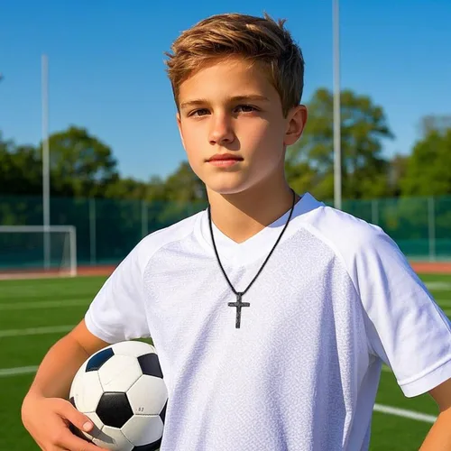 Miniatura 2 de Collar de cruz de fútbol para niños y hombres, inspirador cristiano con versículo bíblico con dije de cruz, cadena de acero inoxidable, joyería
