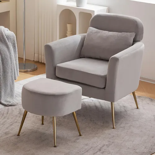 Accent Chairs for Living Room Lounge Chair Upholstered Flannelette Single Sofa Chair w/Ottoman Foot & Gold Feet,Comfy Reading Chair Arm Chairs Light