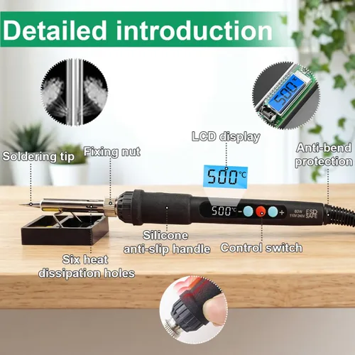 Miniatura 3 de Kit de soldadura de 60W con pantalla LED – Herramientas de soldadura de temperatura ajustable de 180-500°C con puntas, alambre, fundente, bomba