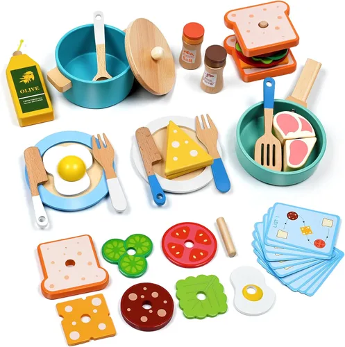 35 piezas de accesorios de cocina de madera, juguetes de cocina de juego de simulación para niños pequeños, juego de cocina de madera, juego de