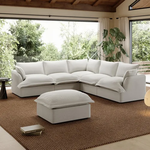 Miniatura 44 de Sofá modular de mezcla de lino para sala de estar, cómodo sofá modular con relleno de plumón, moderno sofá cama convertible con asiento profundo