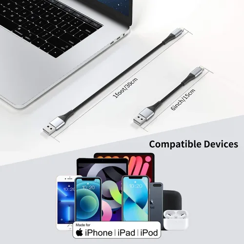 Miniatura 7 de Cable corto de carga para iPhone de 6 pulgadas, paquete de 3 cables USB a Lightning de 0.5 pies, cable corto trenzado para iPhone de carga rápida