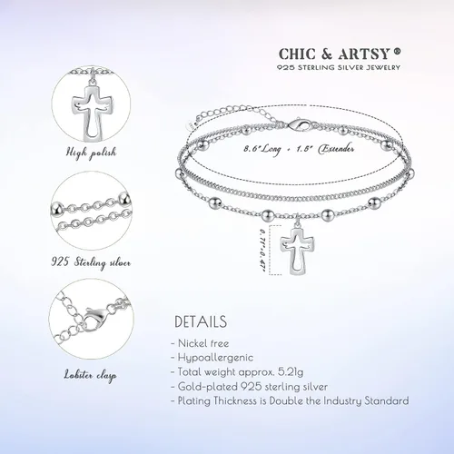 Miniatura 27 de CHIC & ARTSY Tobilleras de plata de ley S925 para mujer, pulsera de tobillo ajustable multicapa para playa, joyería de verano para mujer, de 10 a 11