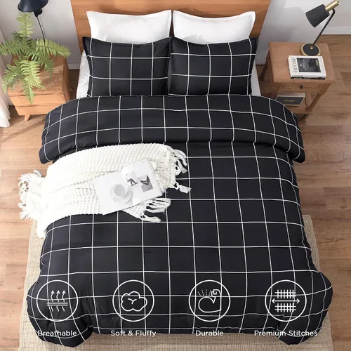 Miniatura 8 de Andency Edredón a cuadros tamaño individual (66 x 90 pulgadas), juego de cama a cuadros negros y blancos para adolescentes y niños, ropa de cama