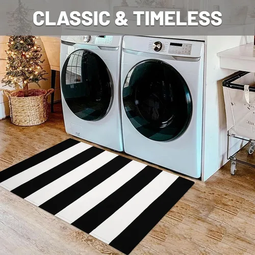 Miniatura 4 de IOHOUZE - Tapete a rayas negro y blanco de 24 x 36 pulgadas, lavable, para porche delantero, tapete de bienvenida primavera-verano