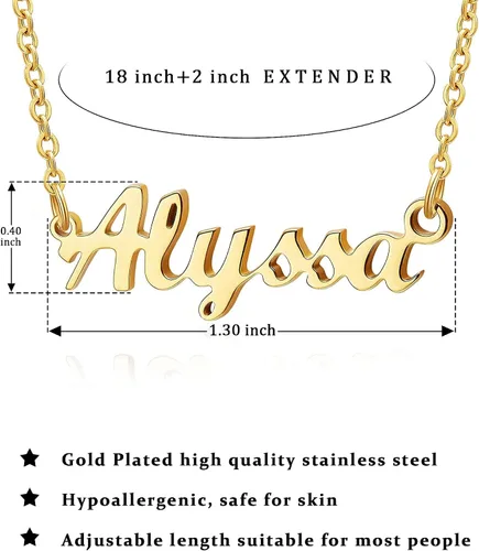 Miniatura 6 de SANNYRA Collar con nombre personalizado chapado en oro real de 18 quilates con placa de nombre, regalo de joyería para mujeres y niñas