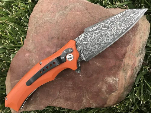 Miniatura 3 de TACTICAL GEARZ Cuchillo de bolsillo de Damasco, mango G10, hoja de acero de Damasco de 67 capas múltiples y núcleo VG10, incluye funda