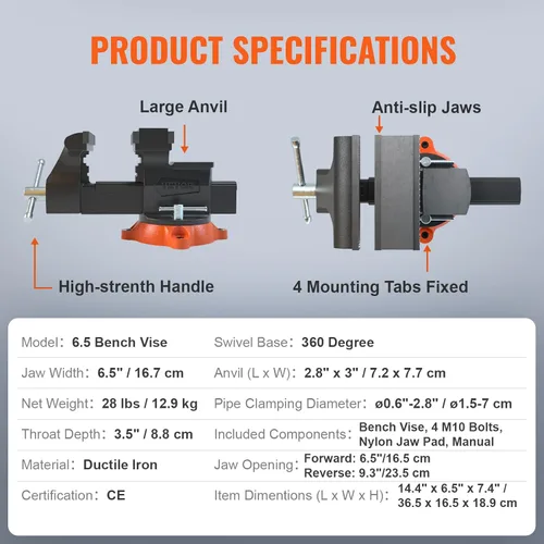Miniatura 7 de VEVOR Tornillo de banco, ancho de mordaza de 6.5", apertura de 6.5" hacia adelante y 9.3" hacia atrás, base giratoria con bloqueo de 360 grados