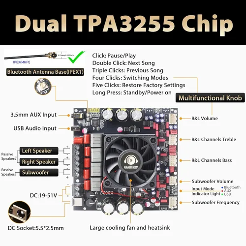 Miniatura 2 de Placa de Amplificador de Potencia S600X-W Bluetooth 5.2 TPA3255 Chip con Subwoofer 2.1 Canal 300W×2+600W (S600X-W)