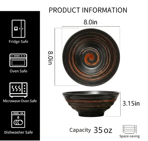 Miniatura 2 de YUN TAO Juego de 4 cuencos de ramen de cerámica negra de 35 onzas, cuencos de sopa profundos, cuencos japoneses asiáticos para fideos Pho para uso