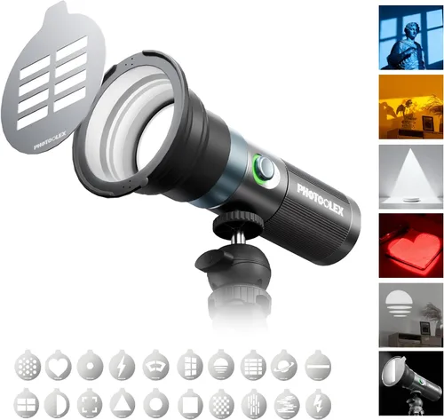 PHOTOOLEX Linterna de fotografía de 4 colores con 20 patrones magnéticos Gobos, foco portátil de 8400mAh, luz de estudio LED de 10W para fotografía,