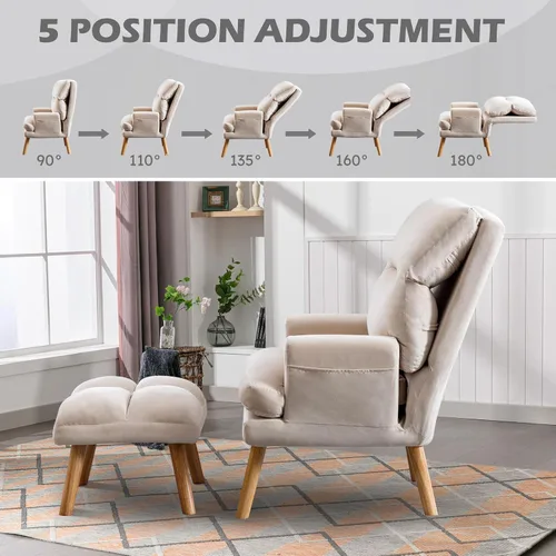 Miniatura 3 de IOMOR Silla Accent con otomano, silla de lectura cómoda, sillón con respaldo ajustable y bolsillos laterales, sofá de tela suave de ocio para Beige