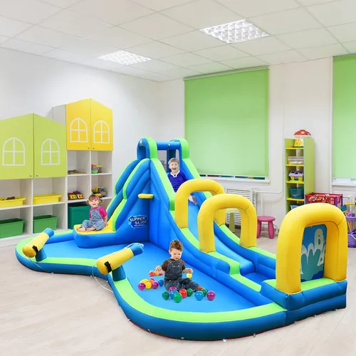 Miniatura 8 de HONEY JOY Tobogán acuático inflable, parque acuático 5 en 1, castillo, casa hinchable con cañones de agua, tobogán largo con arco, tobogán acuático
