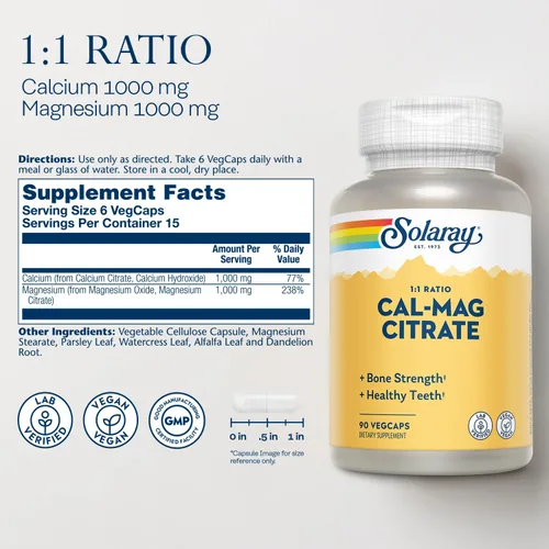 Miniatura 2 de Solaray Citrato de calcio y magnesio de 1000 mg de relación 1:1, suplemento de fuerza ósea, músculo, sistema nervioso y apoyo a la salud ósea