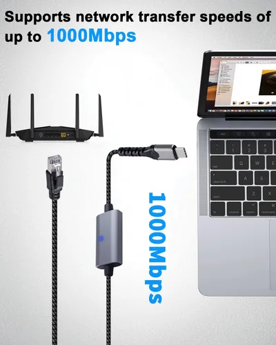 Miniatura 3 de Duttek Cable Gigabit USB C a Ethernet de 10 pies, cable RJ45 a USB C de hasta 1000/100/10 Mbps Cable de red LAN Ethernet compatible con Thunderbolt