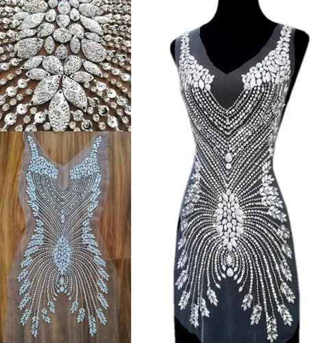 Bordado a mano con cuentas de cristal pesado, largo y grande, con lentejuelas y diamantes de imitación, ideal para corpiño de vestido de escote Plata