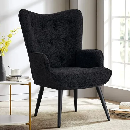 Miniatura 9 de Furniliving Silla de Acento de Terciopelo para Sala de Estar, Silla de Lectura Tapizada con Respaldo Alto, Sillón de Respaldo Alado con Botones Negro