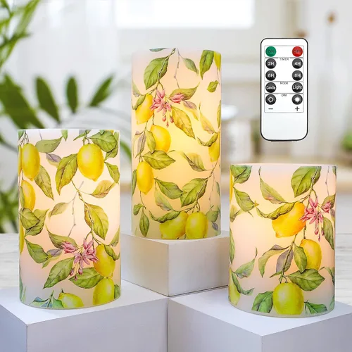 Crystal Club Velas sin llama de limón con control remoto y temporizador, velas LED con temática de resorte que funcionan con pilas, velas realistas