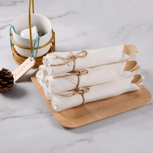 Miniatura 4 de Juego de servilletas y cubiertos de bambú preenrollados, paquete de 100 utensilios de bambú/cubiertos compostables
