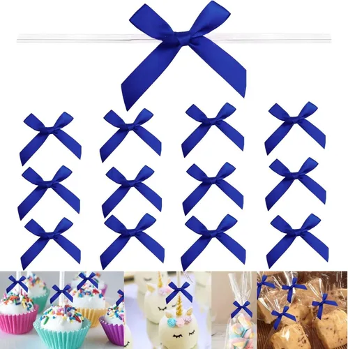 Miniatura 26 de 100 lazos preatados azul satinado de 3 pulgadas con lazos giratorios, bolsas de golosinas, paletas para pasteles y galletas