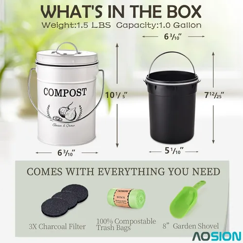 Miniatura 2 de AOSION Contenedor de compostaje para encimera de cocina, contenedor de compostaje interior resistente al olor con tapa y bolsas de compost