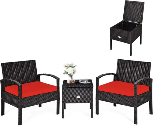 Miniatura 8 de RELAX4LIFE Juego de 2 sillas de patio con mesa auxiliar, juego de 3 sillas de porche con cojines extraíbles y mesa de cristal, sillas de mimbre