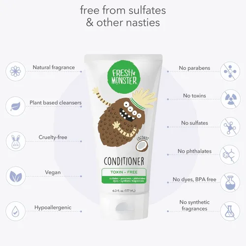 Miniatura 4 de Fresh Monster Acondicionador de cabello para niños, sin toxinas, hipoalergénico y natural, acondicionador para el cabello para niños, coco (6 onzas)