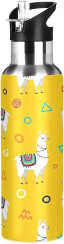 BPA-Free Sports Water Bottle with Straw 20 Oz, Insulated Stainless Steel Water Bottle with Straw for Gym Outdoor Travel School, White Llamas Yellow