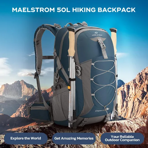 Miniatura 7 de Mochila Maelstrom para senderismo, mochila para campamento, mochila impermeable de 50L con cubierta para la lluvia, mochila ligera de viaje, azul