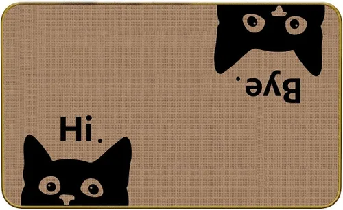 Mingnei Hi Bye Cat Welcome Felpudo – Tapete para puerta de entrada de cocina en el hogar, divertido tapete negro para amantes de los gatos para